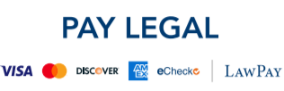 Pay Legal badge. Accepting payment from Visa, Master Card, Disocver, American Express, ECheck and LawPay